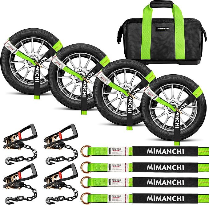 Car Tie Down Straps for Trailers, 4 Pack, 2" x12' Tire Ratchet Straps w/Chain Anchor, 13,200lb Break Strength, Lasso Wheel Straps for Hauling UTV,SUV,Truck