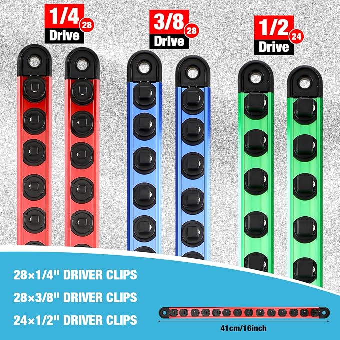Ceenna 6 Piece Magnetic Socket Organizer Set, Heavy Duty Socket Holder, Sockets Rack Kit with 1/4-inch x 14 Clips, 3/8-inch x 14 Clips, 1/2-inch x 12 Clip, Gift for Men, Red, Blue and Green