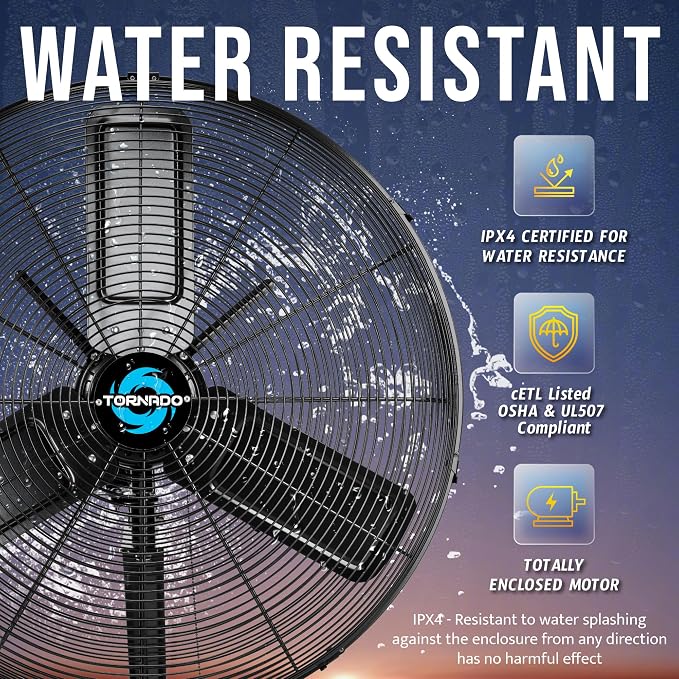 Tornado 24 Inch High-Velocity Oscillating Wall Mount Fan – IPX4 Water-Resistant, Industrial-Grade TEAO Motor, 2-Speed, 7350 CFM, cETL Certified for Outdoor Use