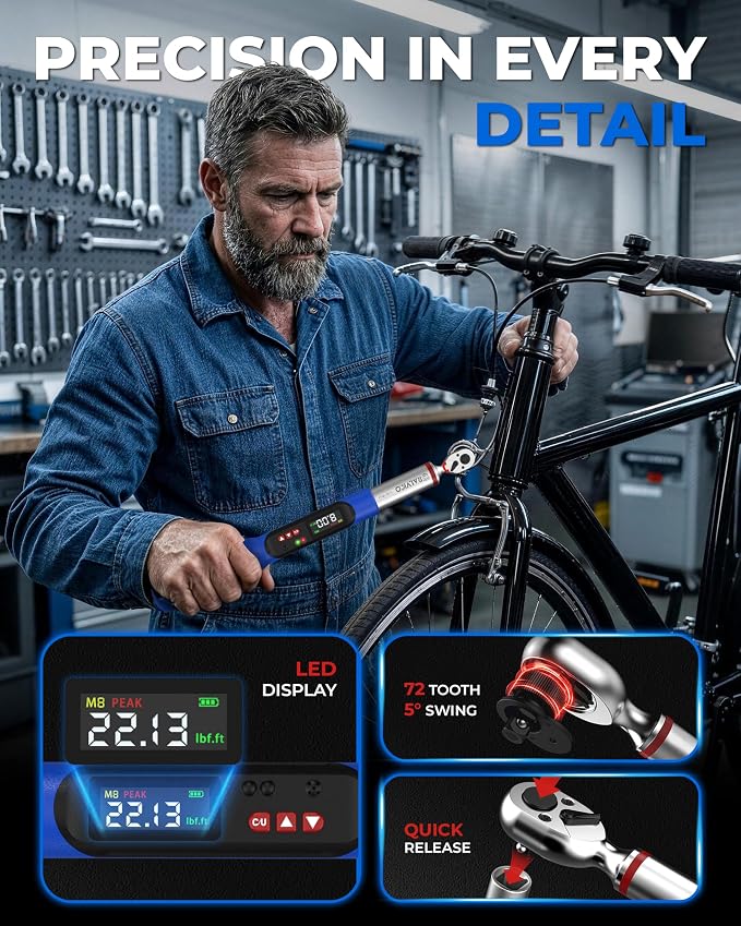 1/4 Digital Torque Wrench ±2% Accuracy Bicycle Repair Home DIY | 1.5-30 N·m (1.11-22.13 Ft-Lb)，1000 Data Storage + 8 Presets，Peak & Track Mode，Color LED & Buzzer Alerts，Quick Release Head