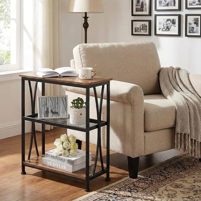 Narrow Side Table,3-Tier End Table With Storage Shelves,Small Hallway Table, Industrial Accent Table With Metal Frame Slim Nightstand Sofa Side Table for Small Spaces,Living Room, Bedroom,Rustic Brown
