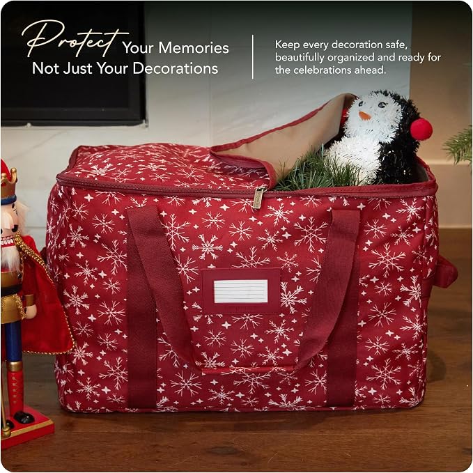 Covermates Keepsakes Treasurekeeper Storage Bag - Carrying Handles, ID Window - Holiday Storage, Red Snowflake