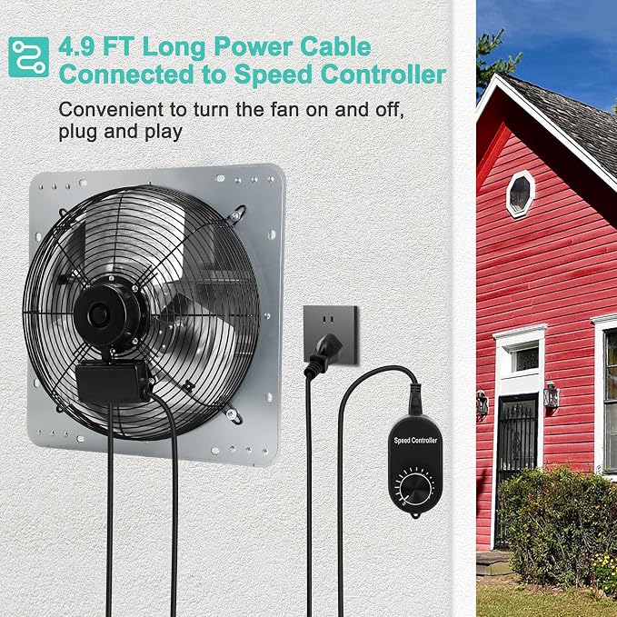 14 Inch Shutter Exhaust Fan with Speed Controller and Power Cord, High Power Wall Mount Attic Fan for Greenhouses, Sheds, Garages, Chicken Coops, Barns Ventilation, 1088 CFM