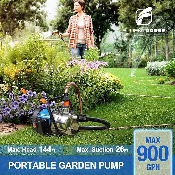 FLUENTPOWER 1HP Portable Garden Transfer Pump, 900GPH Electric Sprinkler Booster Pump, Shallow Well Jet Pump for Home Lawn Irrigation and Water Draining