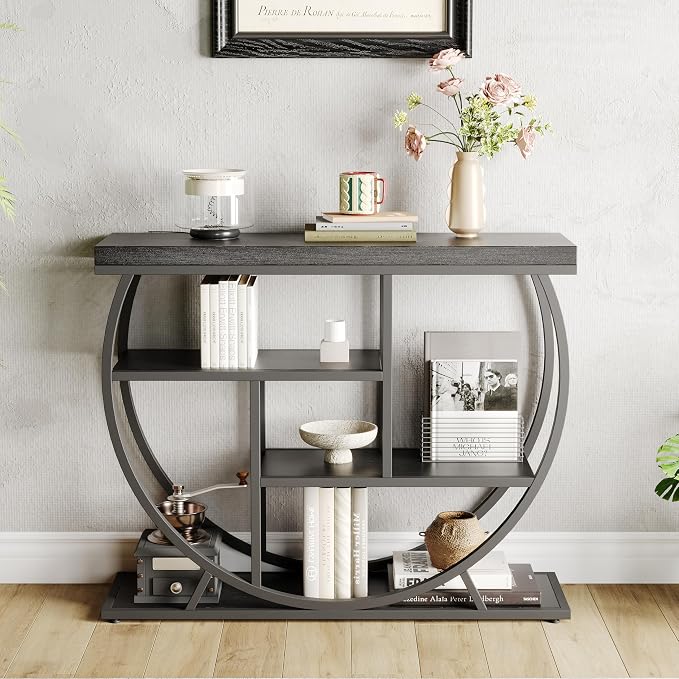 Garvee Entryway Table with Storage, Industrial 4-Tier Narrow Console Table Behind Couch with Half-Circle Base & Storage Shelves for Living Room, Hallway, Foyer