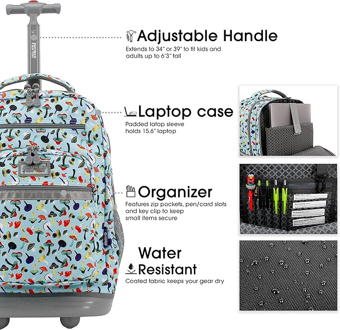 J World Sundance Laptop Rolling Backpack for Girls Boys. Roller Bookbag with Wheels, 20 Inch, Skyshroom
