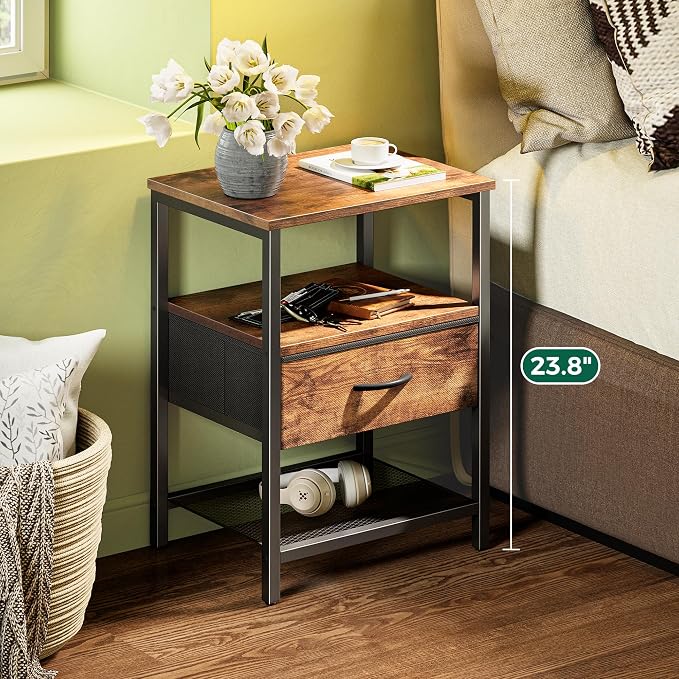 Huuger Nightstand Set of 2, Night Stand with Fabric Drawer, Mesh Shelf, Side Table with Storage, Fabric Drawer Dresser, Open Shelf, Metal Frame, Bedroom, Rustic Brown