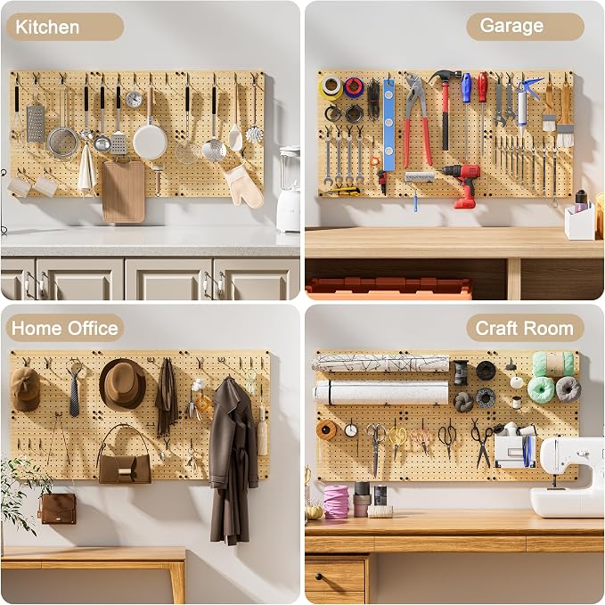 VOIMO Bamboo Peg Board, Eco-Friendly Pegboard Organizer Set with 35 Hooks – Wall Mounted Storage Rack for Kitchen, Tools, Crafts, Garage & Office – Pegboards System for Home Organization