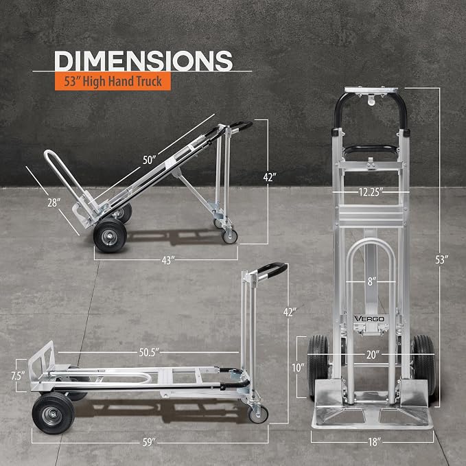 Vergo Industrial Convertible Hand Truck - AS7A2 Heavy Duty Aluminum 3 in 1 Dolly (750 lb Capacity) Lightweight Frame, Ergonomic Handle, Extendable Loop, Versatile Moving Dolly (3 Positions 53" High)