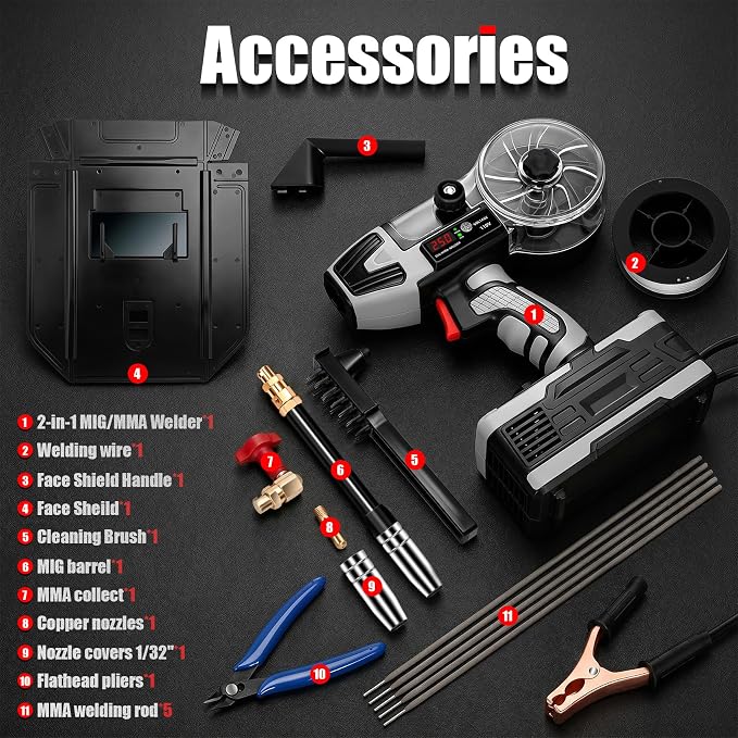 2 in 1 Handheld MIG and Stick Welder:250A Portable Welding Machine 110V Gasless Flux Core Wire Feed w/IGBT Inverter & MMA ARC Welder Gun w/LCD Display, 3.97 lbs for .032"/.040" Wire and 3/32"-1/8" Rod