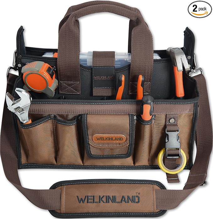 WELKINLAND 20-Pockets Tool Tote Bag, 16" Electrician Tool Bag, Open-Top Tool Bag, Stay-Up HVAC Tools Bag, Brown Tech Tools Bags, HVAC Bag, Tool Tote Bag With Handle