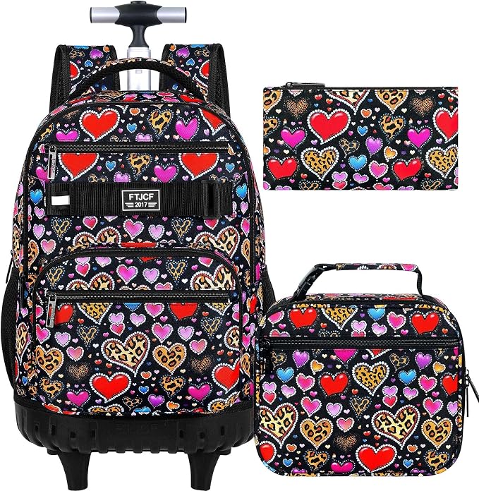 3Pcs Rolling Backpack for Girls Women, Leopard print Travel Roller Backpacks with Wheels for Adults, Teens College Wheeled Bookbag with Lunch Box(Brown)