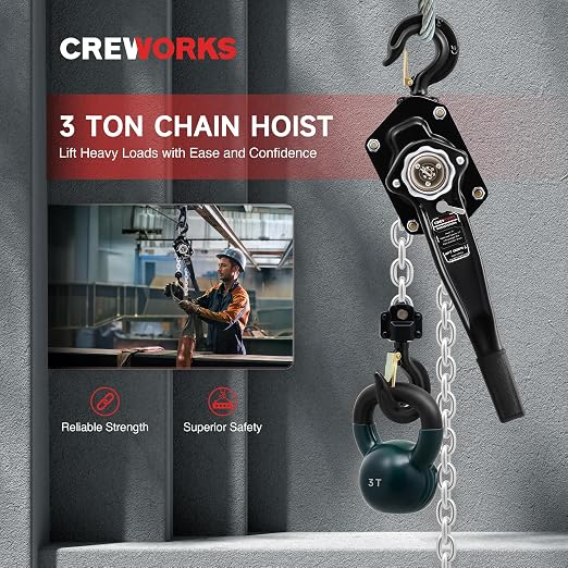 CREWORKS Lever Chain Hoist, 3 Ton 6600 lb Capacity 10 ft Manual Chain Hoist with G80 Galvanized Chain & Swivel Hooks, Heavy Duty Manual Lever Hoist for Construction Warehouse Automotive Factory
