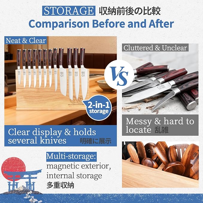 XYJ Utensil Holder with Magnets, 3-Compartment Organizer for Kitchen Tools, Spoons, Spatulas, Magnetic Knife & Metal Accessory Storage, Countertop Caddy, Wood Container without Knives & Cookware Tools