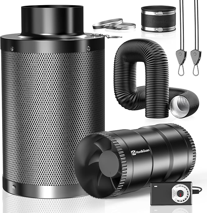 Hon&Guan 4" Air Filtration Kit: 4 Inch Inline Duct Fan with Speed Controller, 10" High Carbon Filter, 8 Ft Ducting & Rubber Coupler, Ventilation System for Grow Tents, Indoor Gardening, Hydroponics