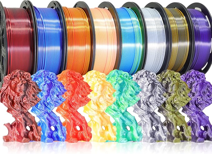 BBLIFE 8 Spools Dual Color Silk PLA 3D Printer Filament Bundle, Silk Purple Gold White Red/Black, Purple/Blue, Red/Gold, Green/Blue, Yellow/Pink, 1.75mm Bicolor Silk PLA 250gX8