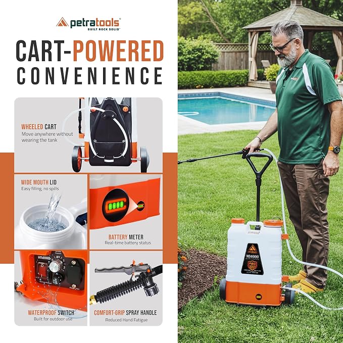 PetraTools Battery Powered Backpack Sprayer 4 Gallon - 8 Hours Long Battery Life & Padded Straps for Comfort - HD4000 Electric Backpack Garden Sprayer with 9 Spray Nozzles (HD4000 ProSeries with Cart)