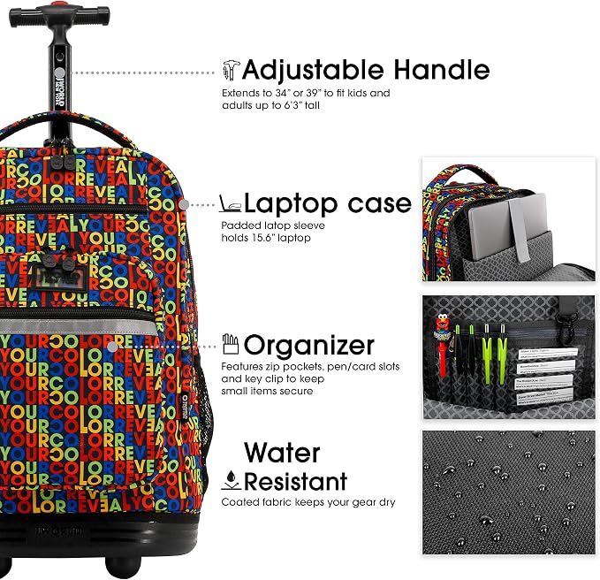 J World Sundance Laptop Rolling Backpack for Girls Boys. Roller Bookbag with Wheels, 20 Inch, RYC