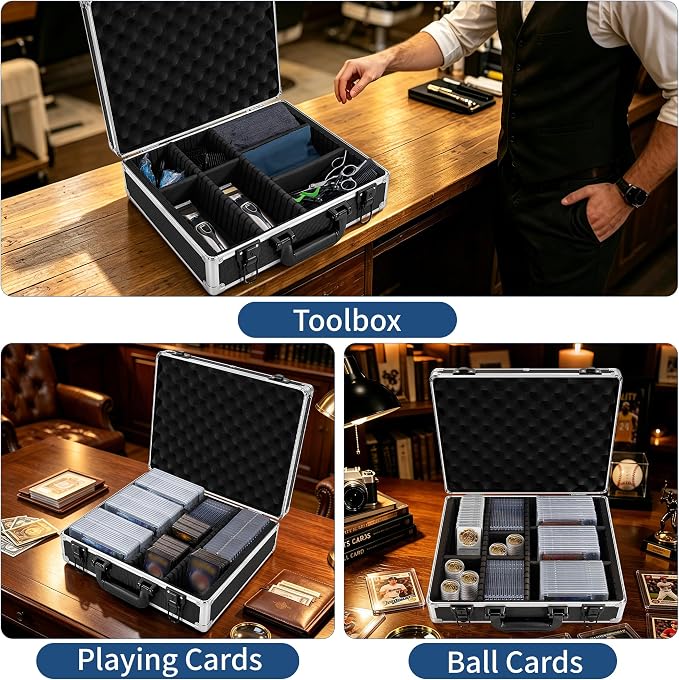 Aluminum Storage Case with Adjustable Dividers, Multi-Function Lockable Storage Carrying Case for Graded Card, Barber Tools, Makeup Tools, etc (Large) ﻿