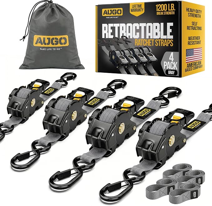 AUGO Retractable Ratchet Straps – 1" x 10' – 1200Lb Breakstrength – 4 Heavy Duty Self Retracting Tie Downs with Safety Lock S Hooks, Soft Loops & Storage Bag – for Motorcycle,Tree Stand,Bed,Boat,Cargo