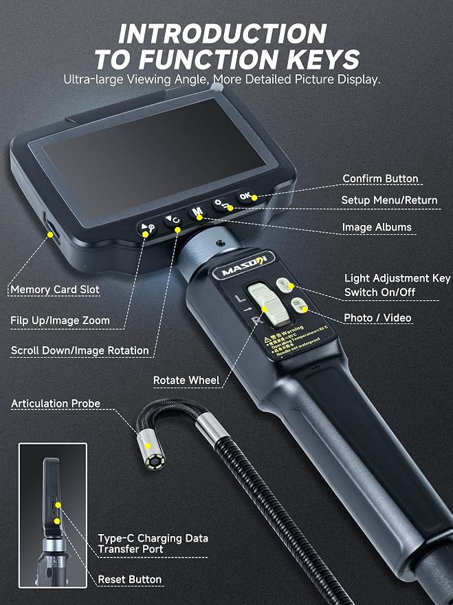 Two-Way 210° Articulating Borescope, Steering Snake Inspection Endoscope with 4.3in HD IPS Screen,6 LED Lights, IP67 Waterproof Endoscope for Mechanics A/C Wall Pipe Inspection - 3.28FT