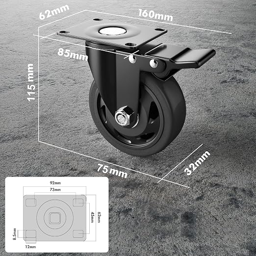 3 Inch Caster Wheels Heavy Duty with Brake, Casters Set of 4, Castors 1000 Lbs, Locking Industrial Swivel Top Plate Casters Wheels for Furniture and Workbench Cart(Two Hardware Kits Include)
