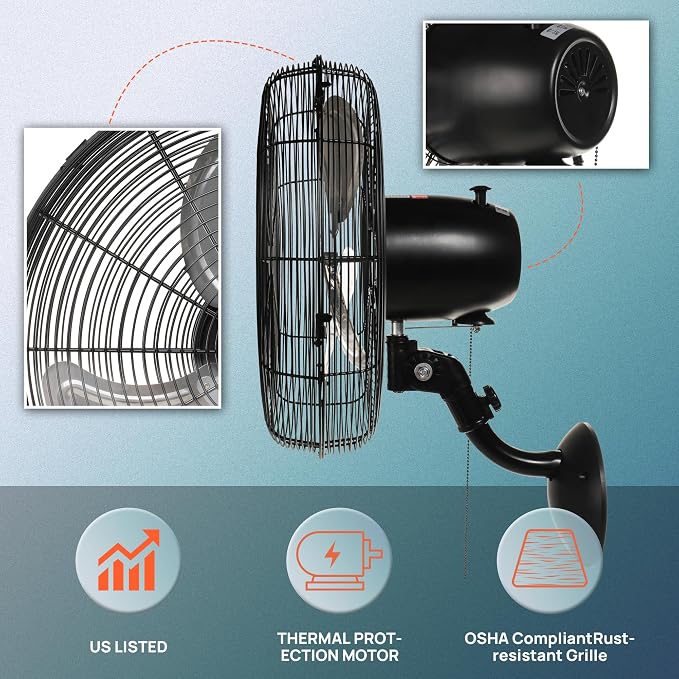 Tornado 20 Inch Pro Series High Velocity Wall Mount Fan, Oscillating Industrial, Commercial & Residential Fan, 3-Speed, 5250 CFM, 1550 RPM, 1/6 HP, 6.6 FT Cord, UL Listed