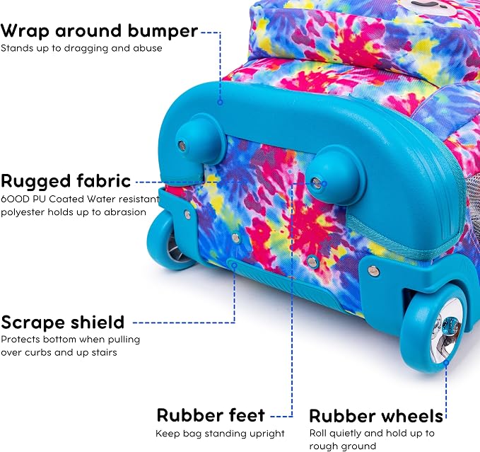 J World Sundance Laptop Rolling Backpack for Girls Boys. Roller Bookbag with Wheels, 20 Inch, Tie Dye