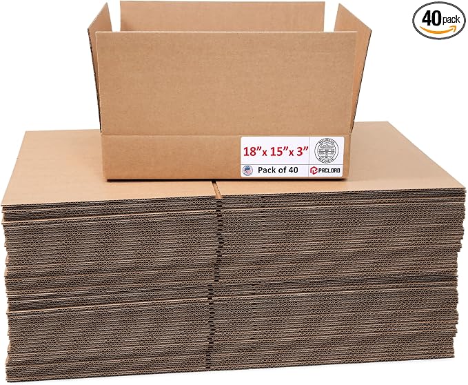 Flat Cardboard Boxes 18"L x 15"W x 3"H (Pack of 40) - USA-Made Packing Boxes for Moving, Shipping, or Storage - USPS, UPS, FedEx Approved - Professional Packing Supplies for Moving | USA-Made Packing Boxes for Moving, Shipping, or Storage - USPS, UPS, ...