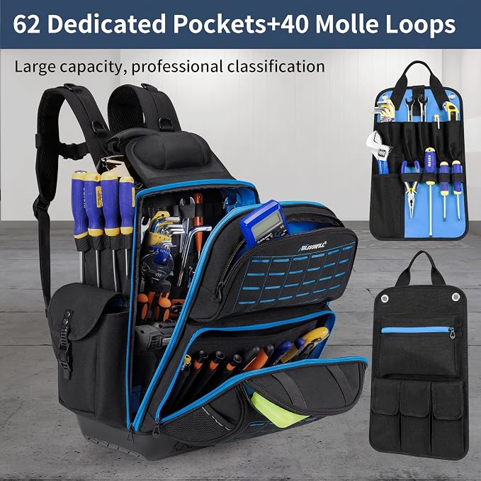 BLISSWILL Tool Bag Backpack for men,Heavy Duty Tool Backpack Bag with Waterproof Molded Base，62 Pockets/40 Loops Heavy Duty Tools Organizer Bags/Electrician/Industrial/Construction Work Backpack