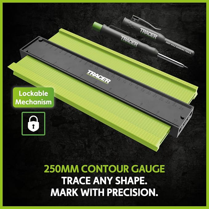 TRACER Contour Gauge 250mm (10”) Precise Marking Gauge with TRACER Deep Hole Construction Pencil. Gauge and Carpenters Pencil Set