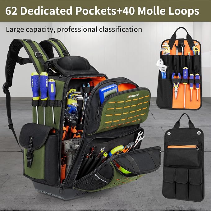 BLISSWILL Tool Bag Backpack for men,Heavy Duty Tool Backpack Bag with Waterproof Molded Base，62 Pockets/40 Loops Heavy Duty Tools Organizer Bags/Electrician/Industrial/Construction Work Backpack