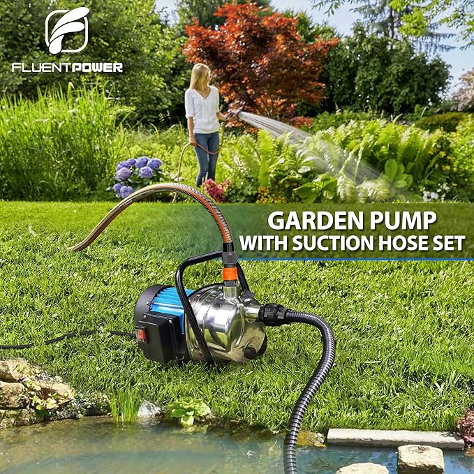 FLUENTPOWER Portable Garden Transfer Pump, 900GPH Electric Sprinkler Booster Pump, Shallow Well Jet Pump for Home Lawn Irrigation and Water Draining, included 13 ft Suction Hose Kit