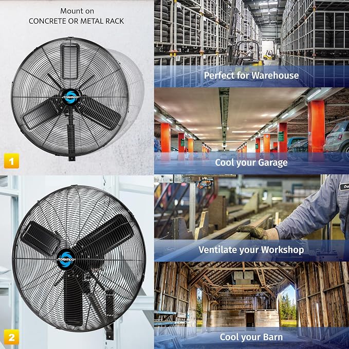 Tornado 24 Inch High-Velocity Oscillating Wall Mount Fan – IPX4 Water-Resistant, Industrial-Grade TEAO Motor, 2-Speed, 7350 CFM, cETL Certified for Outdoor Use