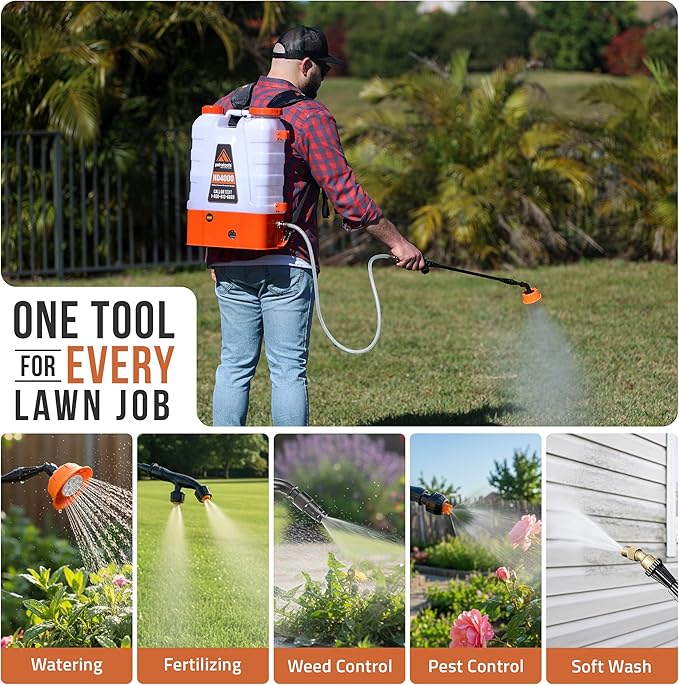 PetraTools Battery Powered Backpack Sprayer 4 Gallon - 6 Hours Long Battery Life & Padded Straps for Comfort - HD4000 Electric Backpack Garden Sprayer with 6 Spray Nozzles & 90PSI Adjustable Pressure