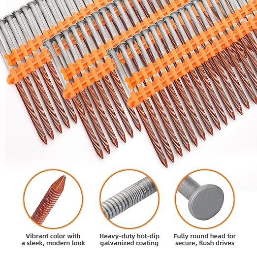 1000 Count 21 Degree framing Nails 3 inch, 3" x 0.131", Hot Dipped Galvanized, Plastic Collated Ring Shank Round Head Nails for Pressure Treated Lumber