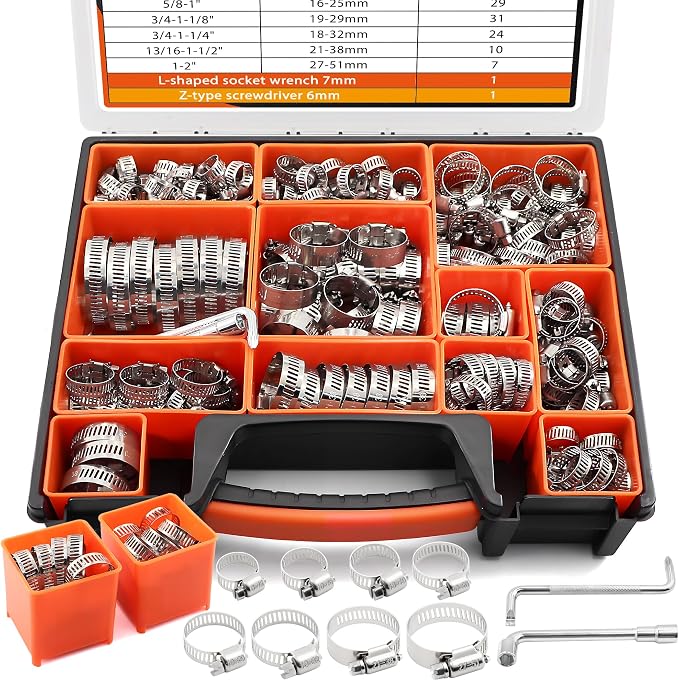 210PCS Worm Gear Hose Clamps Assortment Kit,1/4"-2"(6-51mm) 304 Stainless Steel Heavy Duty Adjustable Band Clamps for Automotive Fuel Lines, Coolant Hoses, Plumbing, Marine,Industrial