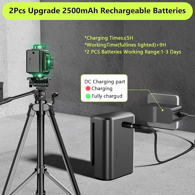 16 Line Laser Level 360 Self Leveling, 4x360°Professional 4D Green Cross Line laser Level with 2 Batteries, Adjustable Brightness & Remote Control, for Tiling Floor Construction and Picture Hanging
