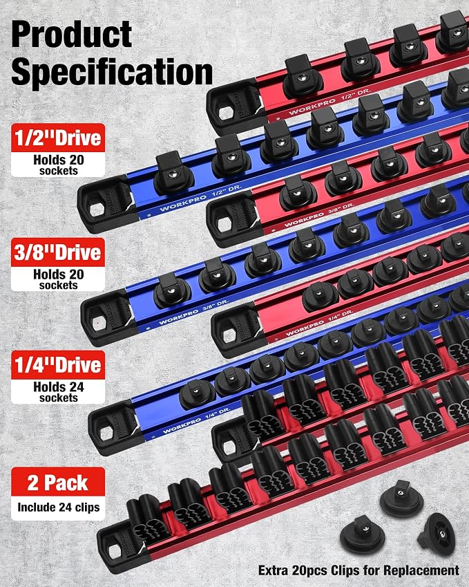 WORKPRO 8-Piece Magnetic Socket and Screwdriver Organizer Set | 6-Piece 1/4", 3/8" & 1/2" Drive Metric & SAE Socket Rails, 2-Piece Screwdriver and Wrench Holders