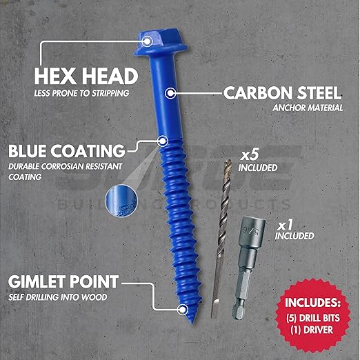 1/4" x 2-1/4" Hex Head Blue Concrete Screw Anchor with Drill Bit & Driver (Box of 500) | Masonry Screws for Concrete, Block, and Brick