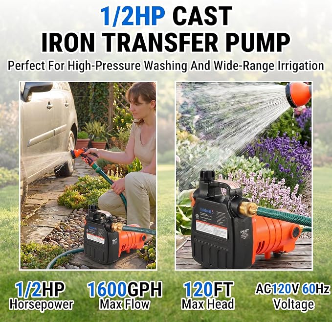 HoldwellS Cast Iron Water Transfer Pump 115V AC, 1600 GPH, 1/2HP, 120FT H | Portable Pump with Carbon Brush, Filter, Brass Connectors, for Garden, Rain Barrel, Pool, Pond, Hot Tub, Aquarium Draining