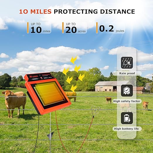 LFGS15 Solar Electric Fence Charger, 24 Hour 5 Miles Solar Charger, Portable 0.15J Energizer with Rechargeable Solar Panel for Livestock, Electric Fence Energizer