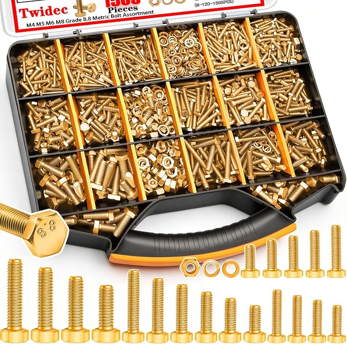 Twidec/1505PCS Metric Bolt Assortment M4/M5/M6/M8 Length from 12-40mm Grade 8.8 Hex Head Nuts and Bolts Assortment Kit,Heavy Duty Bolts and Nuts Kit, Flat & Spring Lock Washer Gold Zinc Plating