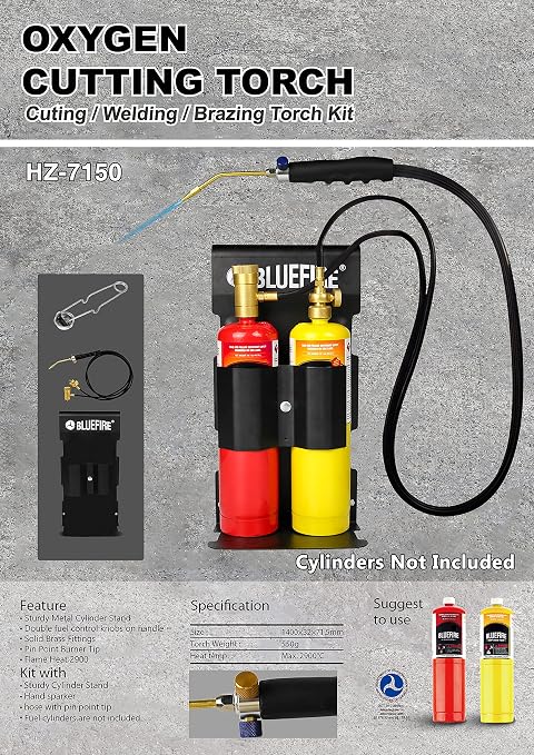 BLUEFIRE Oxypropane Welding Gas Cutting Torch Kit with Flint Lighter and Cylinder Holder Rack - For Jewelers Hvac Map Gas Torch Kit Brazing Mapp Gas Torch, Soldering Oxy Acetylene Torch Kit