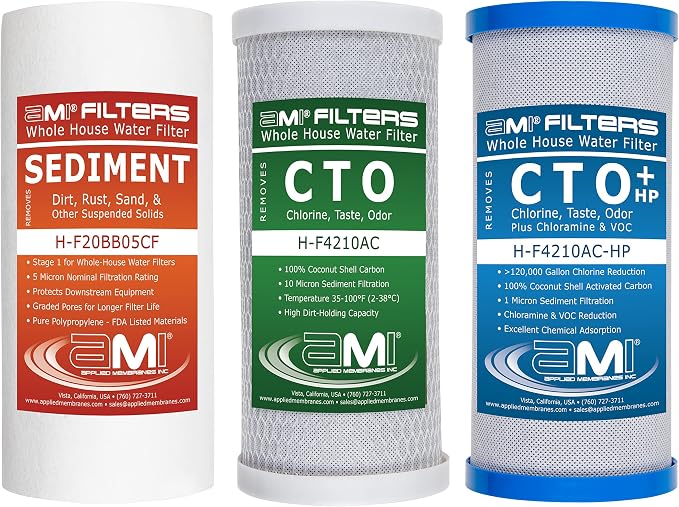 Applied Membranes Inc. 3-Stage Whole-House Water Filter Cartridge Replacements, Includes 10-Inch Sediment, Carbon, and Lead Filter Cartridges