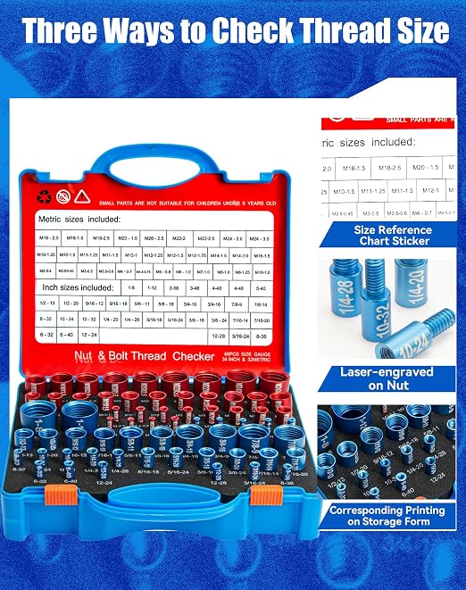 66 Nut and Bolt Thread Checker with Storage Box, Thread Checker Measuring Tool(32 Metric & 34 Standard), Bolt Size and Thread Gauge Finder Suitable for inspecting in Narrow and Tricky Areas