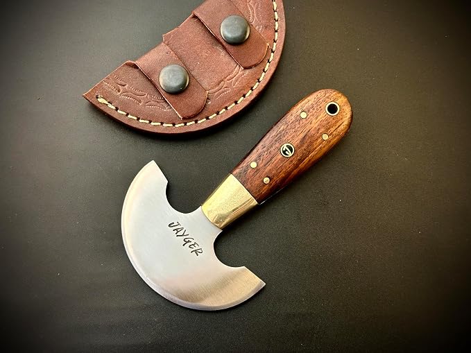 Handmade Round Head Knife | Carbon Steel | Half Moon Leather Working Knife | Wooden Handle | Skiver Knife for DIY Leathercraft | With Leather Sheath