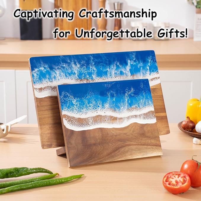 Magnetic Knife Holder Stand Acacia Wood Resin Knives Block Holder with Unique Ocean Wave Resin Design & Dish Holder for up to 9″ Knives Kitchen Storage Solution Chef Gift (Without Knives)