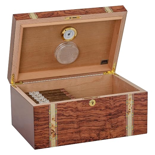 Desktop Cigar Handcrafted Bubinga Wood Mapa Burl Decorative Wood Inlay Glass Hygrometer Lock & Key Spanish Cedar Lined, Holds 75-140 Cigars (Zurich)