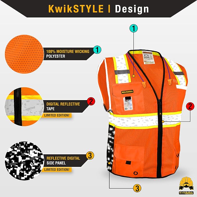 KwikSafety BIG KAHUNA DIGITAL Safety Vest [Orange, 2XL] + TORTOISE Full Brim Hard Hat Bundle